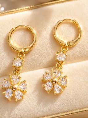 Gold Floral Hoop Drop Earrings with Clear Crystals